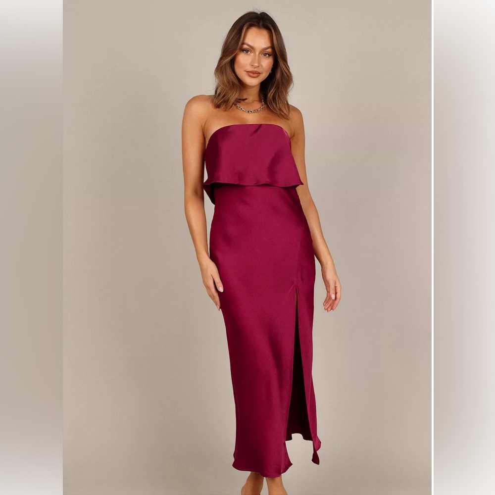 Petal & Pup Strapless Burgundy Column Dress with Front Slit